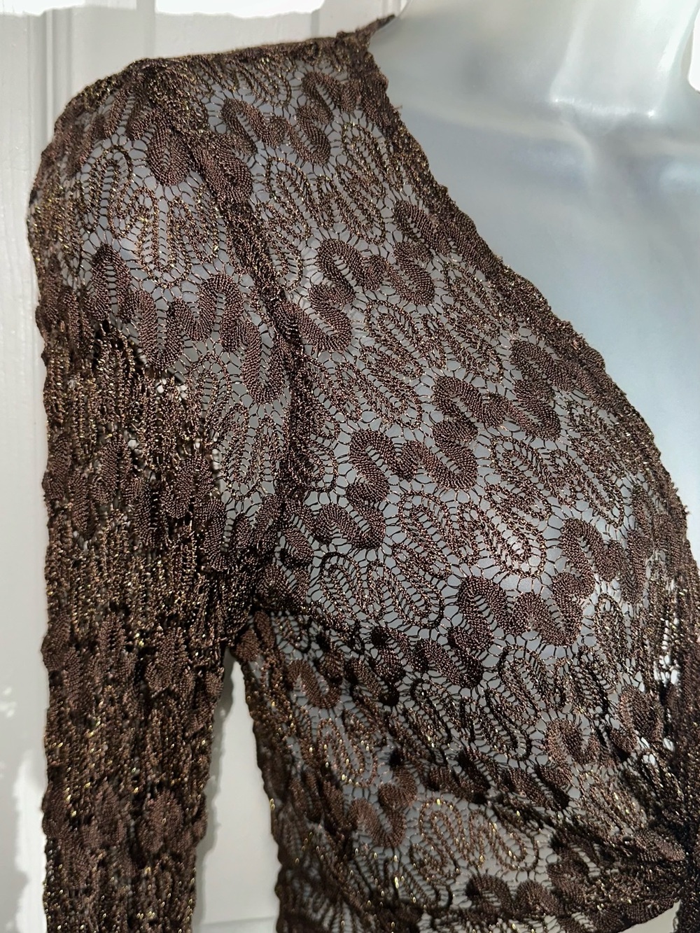 Y2K Brown Gold Open Long Sleeve Crochet Cardigan M-L AA22 - Picture 4 of 7